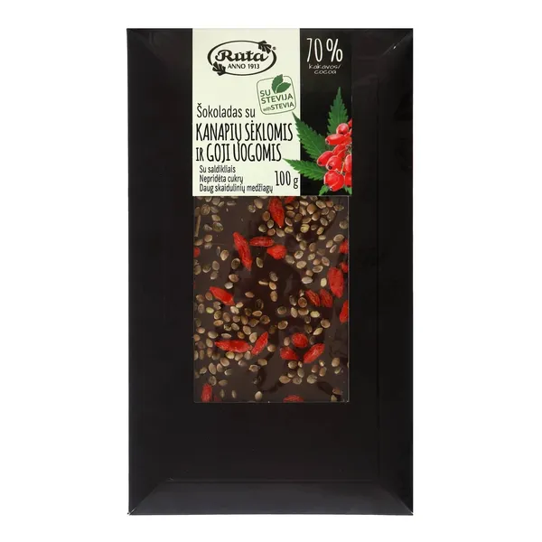 Šokoladas su saldikliais, kanapių sėklomis ir goji uogomis, 100 g