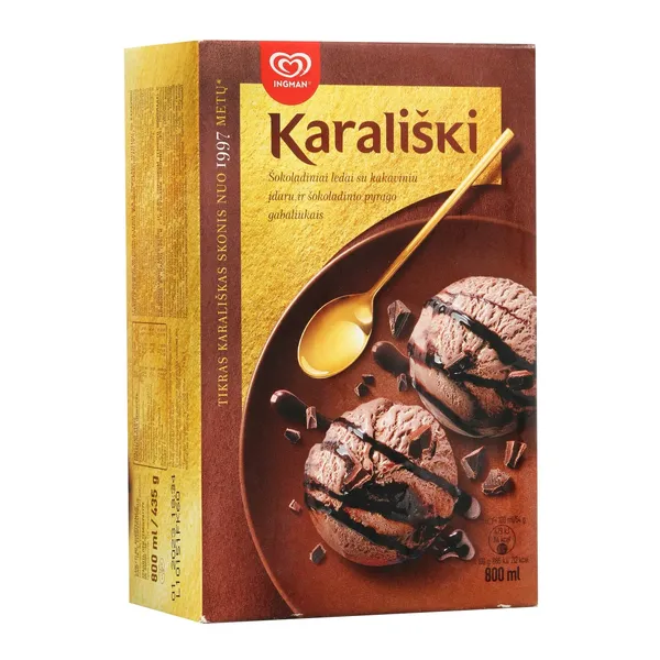 Šokoladiniai valgomieji ledai su kakaviniu įdaru ir šokoladinio pyrago Brownie gabaliukais KARALIŠKI, 800 ml / 435 g