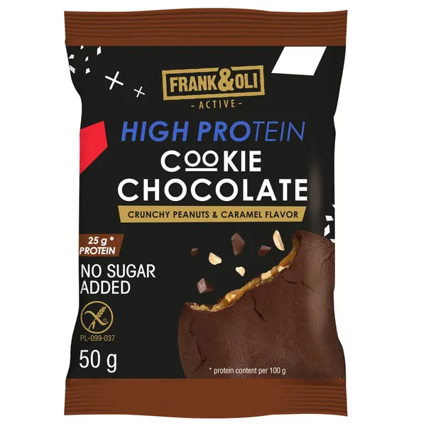Šokoladinis, traškus žemės riešutų ir karamelės sausainis FRANK & OLI, su saldikliu, 50 g