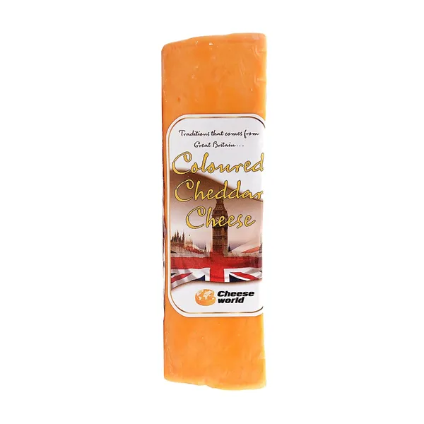Spalvotas čederio sūris „cheese world" 50% riebumo sausoje medžiagoje, neriebalinės sūrio medžiagos drėgnis 55%