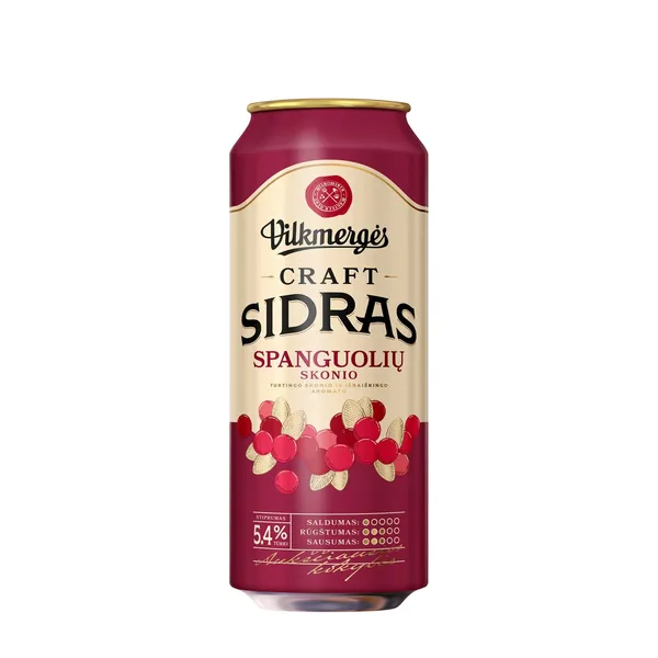 Spanguolių skonio sidras VILKMERGĖS, 5,4 %, 0,5 l, sk