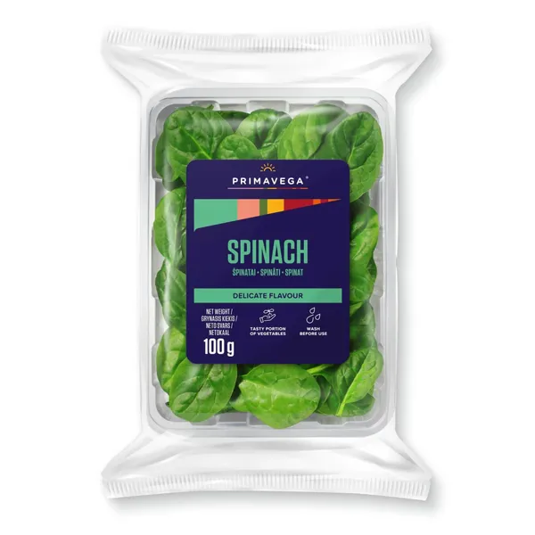 Špinatai fasuoti indeliuose PRIMAVEGA, 100 g