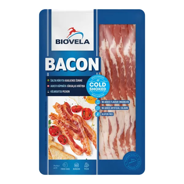 Šaltai rūkyta kiaulienos šoninė BIOVELA, a. r., 140 g