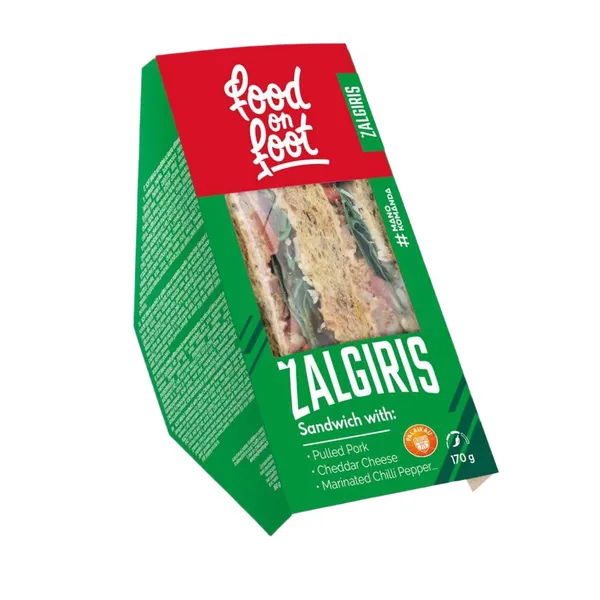 Sumuštinis ŽALGIRIS su plėšyta kiauliena, ČEDERIO sūriu ir marinuota aitriąja paprika FOOD ON FOOT, 170 g