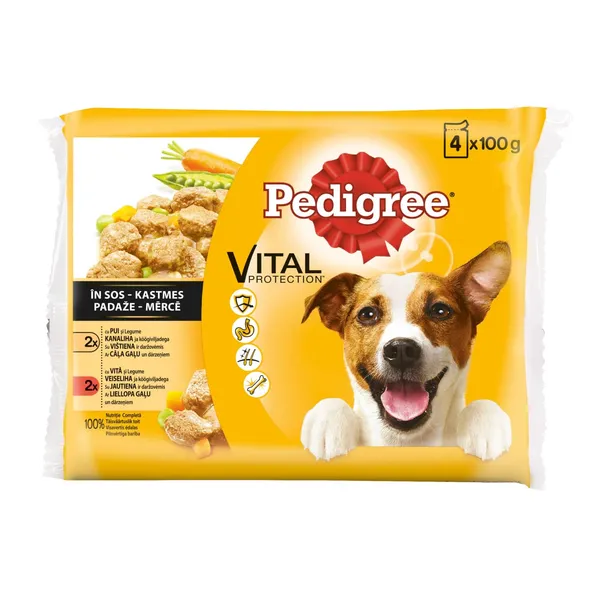 Visavertis ėdalo rinkinys suaugusiems šunims su vištiena, jautiena ir daržovėmis PEDIGREE BONUS PACK, 4 X 100 g
