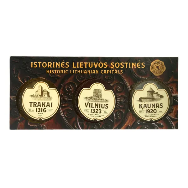 Suvenyrinis rinkinys midus TRAKAI 15 %, midaus nektaras VILNIUS 25 %, medaus spiritas KAUNAS 40 %, 3 x 0,1 l