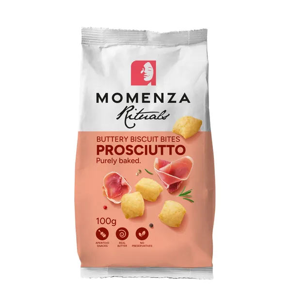 Sviestinių sausainių kąsneliai vytinto kumpio skonio MOMENZA, 100 g