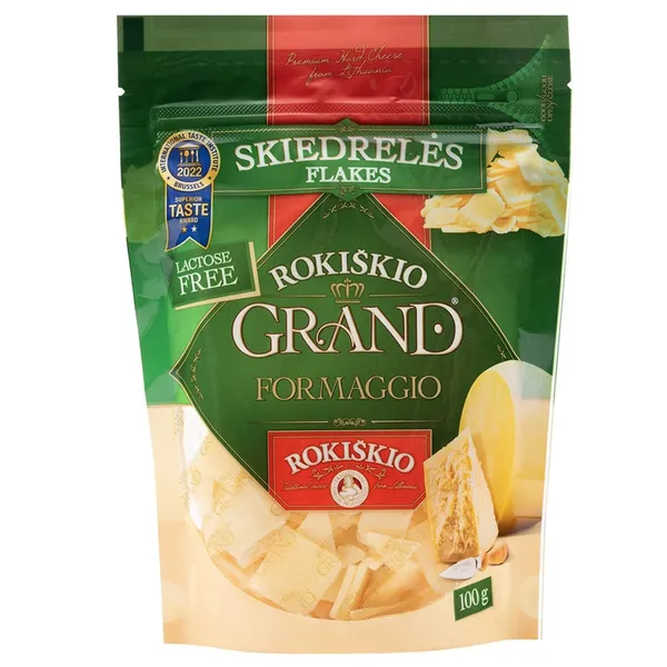 Tarkuotas kietas sūris skiedrelėmis ROKIŠKIO GRAND, 37 % rieb., 100 g