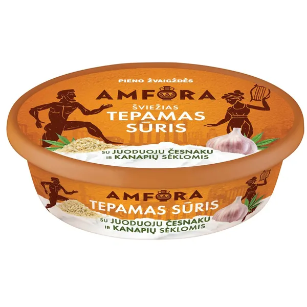 Šviežias tepamas sūris AMFORA su juoduoju česnaku ir kanapių sėklomis, 24 % rieb., 180 g