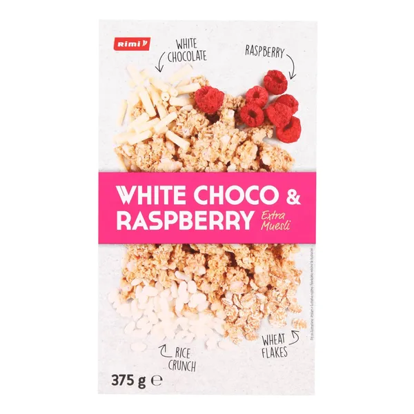 Traškūs dribsniai RIMI EXTRA WHITE CHOCOLATE & RASPBERRY, 375 g
