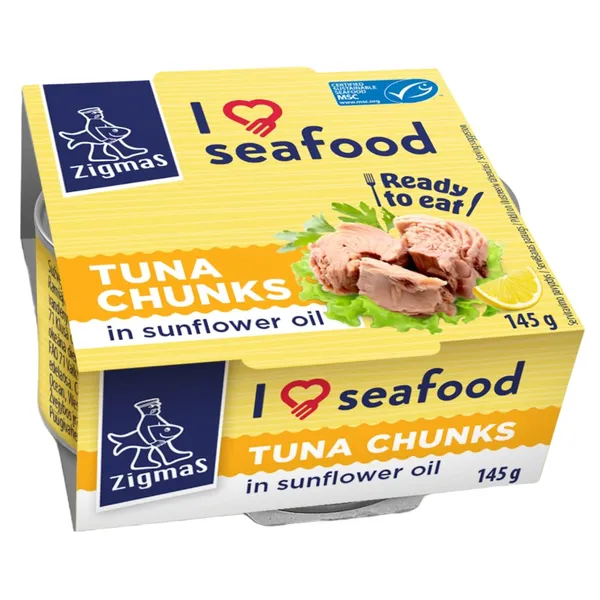 Tuno gabalėliai saulėgražų aliejuje ZIGMAS I LOVE SEAFOOD, MSC, 145 g