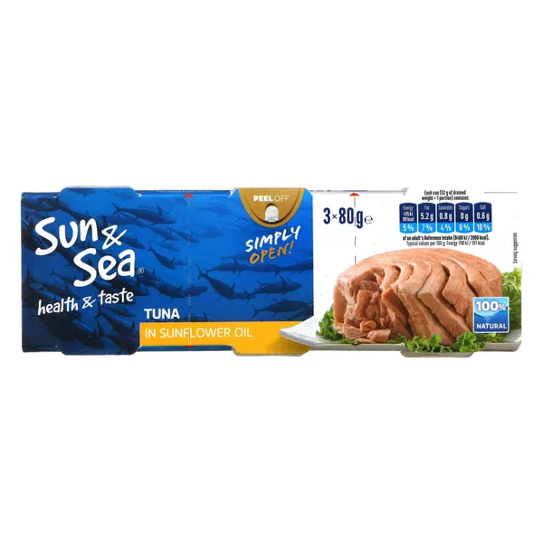 Tuno gabaliukai saulėgrąžų aliejuje SUN&SEA, 3 x 80 g