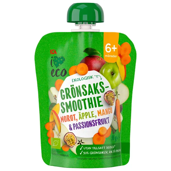 Ekologiška daržovių ir vaisių tyrė I LOVE ECO morkų, obuolių, mangų, pasiflorų sultys, vaikams nuo 6 mėn, 90 g