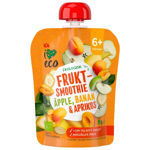 Ekologiška tyrelė kokteilis I LOVE ECO su obuoliais, bananais ir abrikosais, vaikams nuo 6 mėn, 90 g