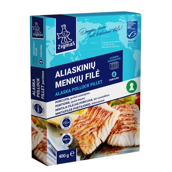 Greitai užšaldyta aliaskinių menkių filė MSC ZIGMAS, 4x100 g