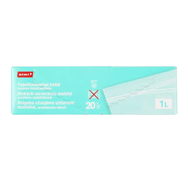 Dvigubo užsegimo uždaromi maišeliai RIMI, produktams laikyti 1l, 20 vnt., be BPA, daugkartiniam naudojimui, sandarūs