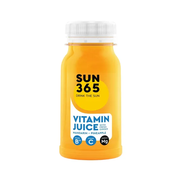 Šviežios vaisių sultys su imbieru ir pridėtiniais vitaminais ir mineralais MANDARIN PINEAPPLE SUN365, 125 ml