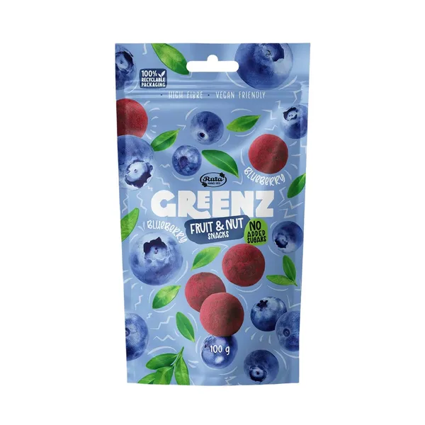 Vaisių ir riešutų užkandžiai su mėlynėmis GREENZ BLUEBERRY, 100 g