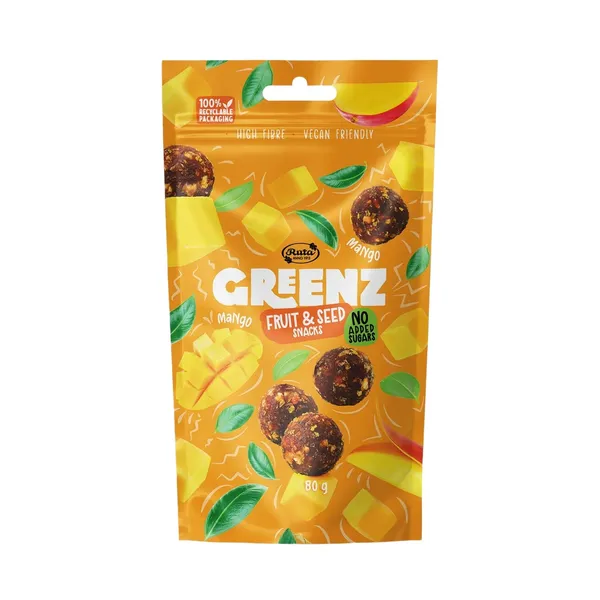 Vaisių ir sėklų užkandžiai su mangais „Greenz mango“, 80 g