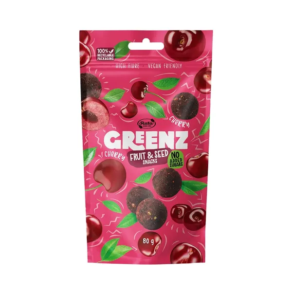 Vaisių ir sėklų užkandžiai su vyšniomis GREENZ CHERRY, 80 g