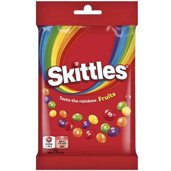 Vaisių skonio kramtomieji saldainiai traškiame cukraus glajuje SKITTLES FRUIT, 95 g