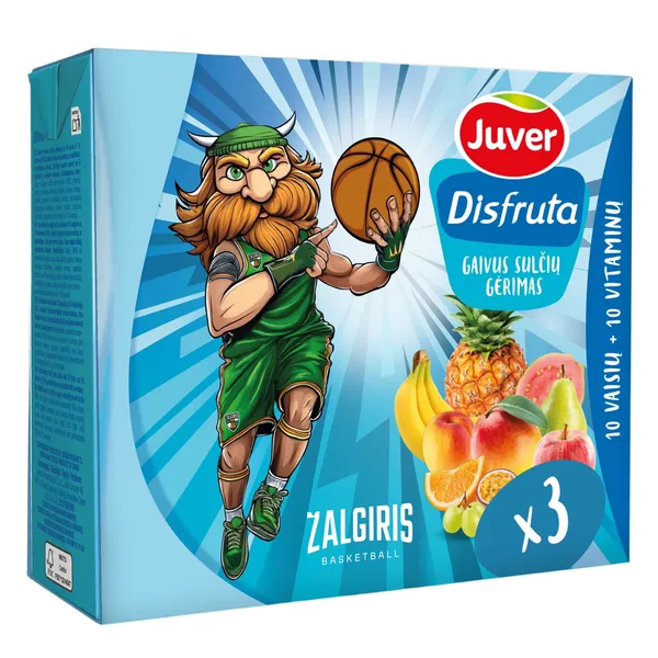 Vaisių sulčių gėrimas su saldikliais ir 10 vitaminų JUVER ŽALGIRIS, 3 x 0,2 l