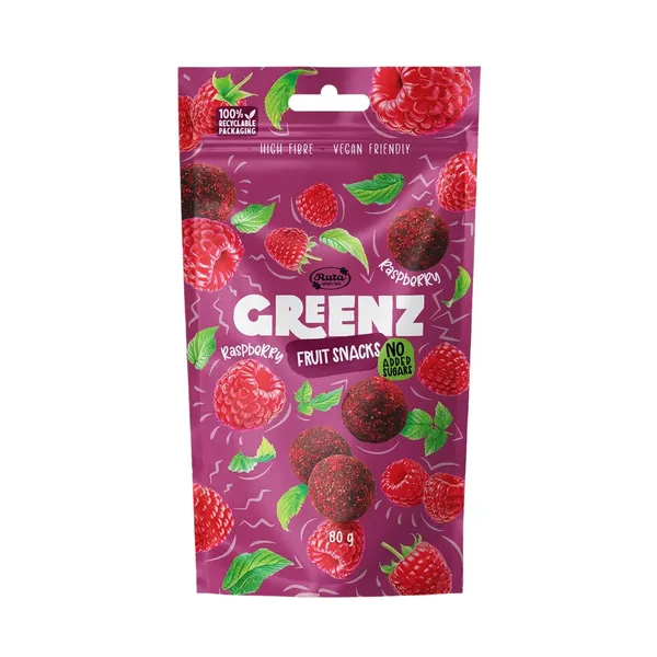 Vaisių užkandžiai su avietėmis GREENZ RASPBERRY, 80 g