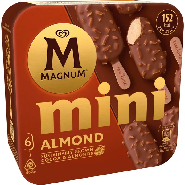 Vaniliniai valgomieji ledai glaistyti pieniniu šokoladu su migdolais MAGNUM, 6 x 55 ml / 266 g