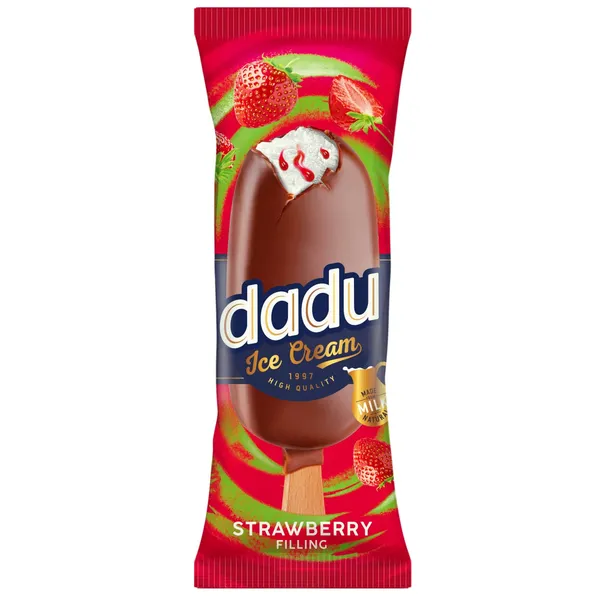 Vanilės skonio valgomieji ledai DADU su braškių įdaru ant pagaliuko, 100 ml / 69 g