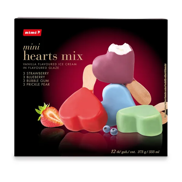 Valgomieji ledai RIMI MINI HEARTS MIX, 12 vnt., 555 ml / 375 g