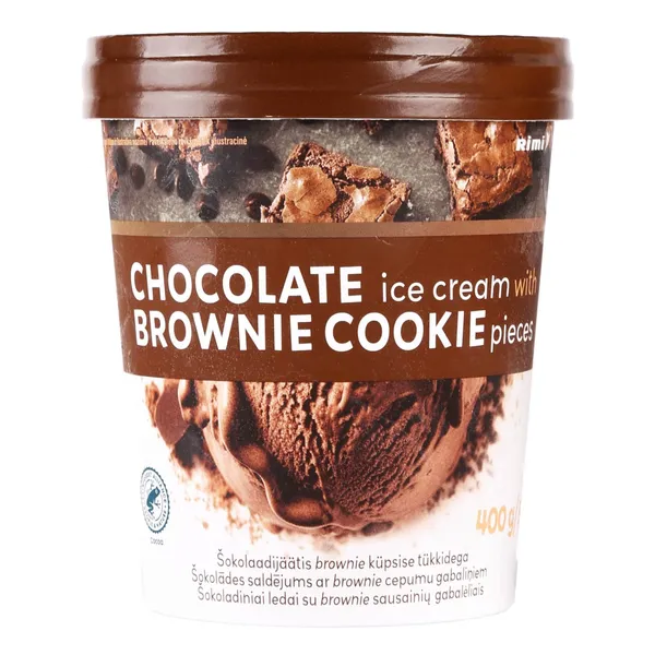 Šokoladiniai valgomieji ledai su BROWNIE sausainių gabalėliais RIMI, 500 ml / 400 g