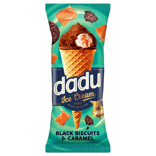 Vanilės skonio grietininiai valgomieji ledai su karamelės skonio įdaru ir sausainiais vafliniame ragelyje DADU, 150 ml / 102 g