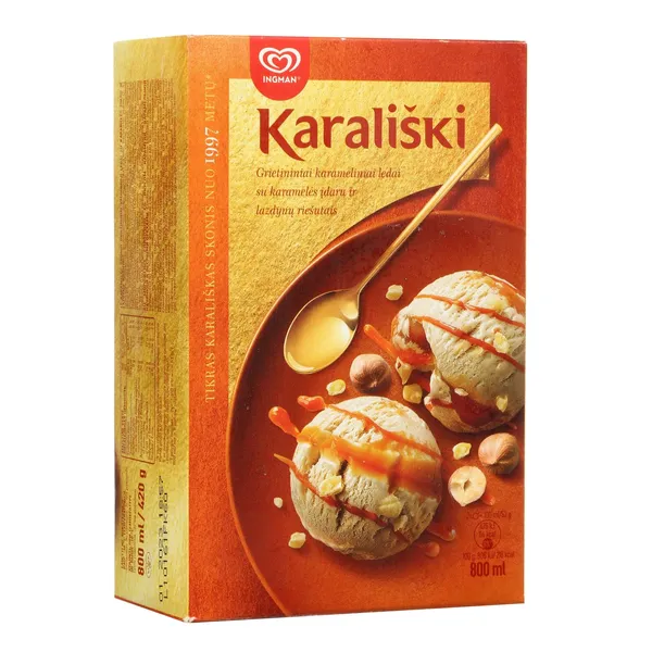Valgomieji grietininiai ledai karamelės skonio su karamelės įdaru ir lazdynų riešutais KARALIŠKI, 800 ml / 420 g