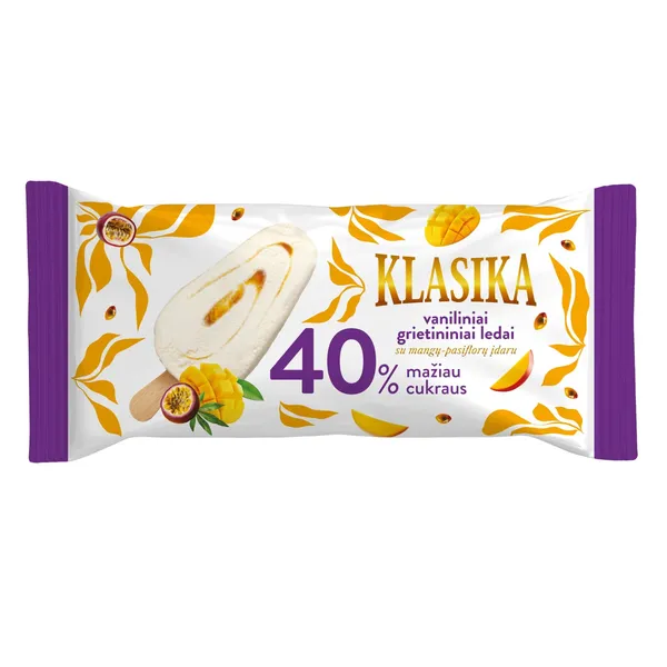 Vaniliniai grietininiai valgomieji ledai su mangų ir pasiflorų įdaru KLASIKA, 100 ml / 50 g