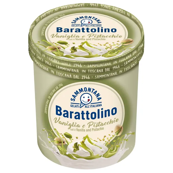 Vanilės skonio valgomieji ledai su pistacijų įdaru ir pistacijų gabaliukais SAMMONTANA BARATTOLINO, 800 ml / 500 g