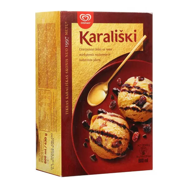 Valgomieji kiaušininio skonio grietininiai ledai su rome mirkytomis razinomis ir kakaviniu įdaru KARALIŠKI, 800 ml / 430 g