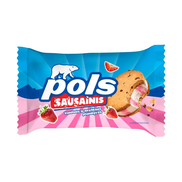 Valgomieji ledai tarp sausainių su braškių įdaru POLS, 140 ml / 75 g