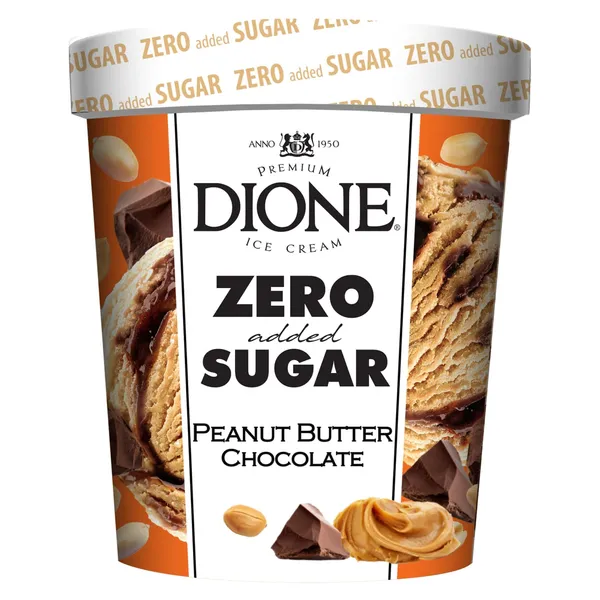 Valgomieji žemės riešutų ledai be pridėtinio cukraus su šokolado skonio įdaru, su saldikliais DIONE ZERO SUGAR, 475 ml / 310 g