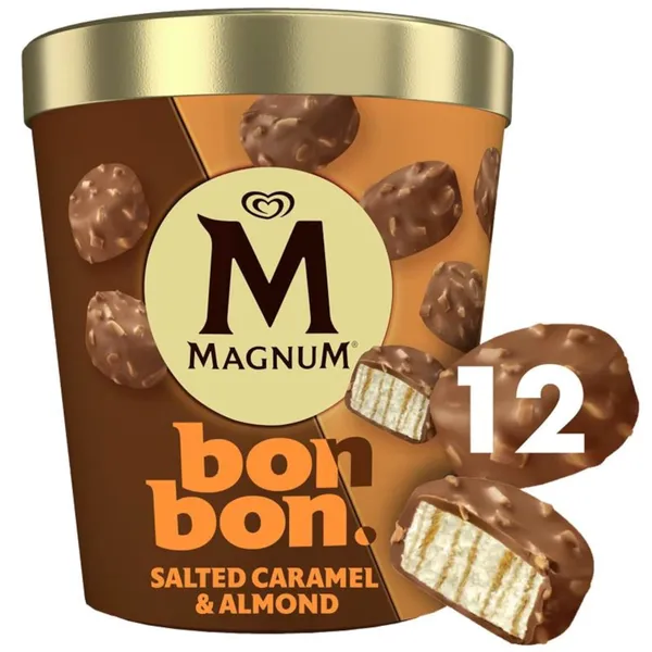 Valgomieji vaniliniai ledai MAGNUM su sūdyta karamele, dengti pieninio šokolado glaistu ir migdolų gabaliukais, 204 ml / 168 g