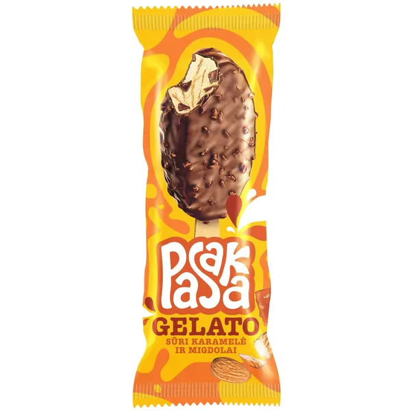 Valgomieji karameliniai grietininiai ledai PASAKA GELATO, su sūrios karamelės įdaru ir pieninio šokolado skonio glaistu su migdolais, 102 ml / 82 g