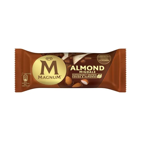 Valgomieji ledai ant pagaliuko su pieniško šokolado glajumi ir migdolais MAGNUM ALMOND, 110 ml / 83 g