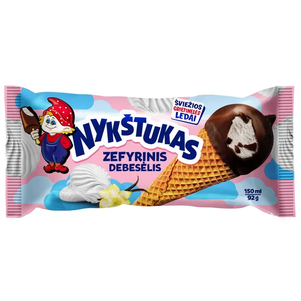 Valgomieji vaniliniai grietininiai ledai NYKŠTUKAS, su kakaviniu glaistu vafliniame ragelyje, 150 ml / 92 g