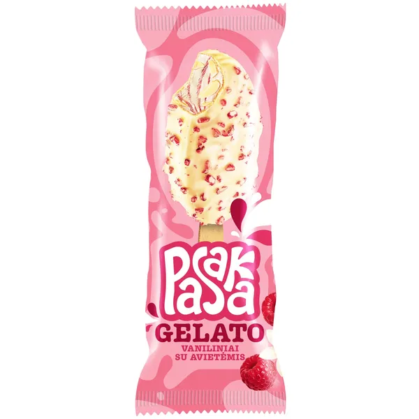 Valgomieji vaniliniai grietininiai ledai PASAKA GELATO, su aviečių įdaru ir jogurtiniu glaistu, su aviečių gabaliukais, 102 ml / 82 g