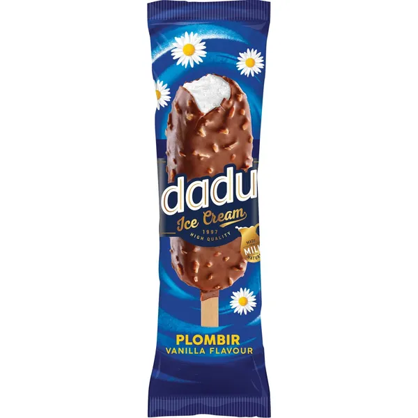 Vanilės skonio valgomieji ledai DADU su migdolais, ant pagaliuko, 100 ml / 75 g