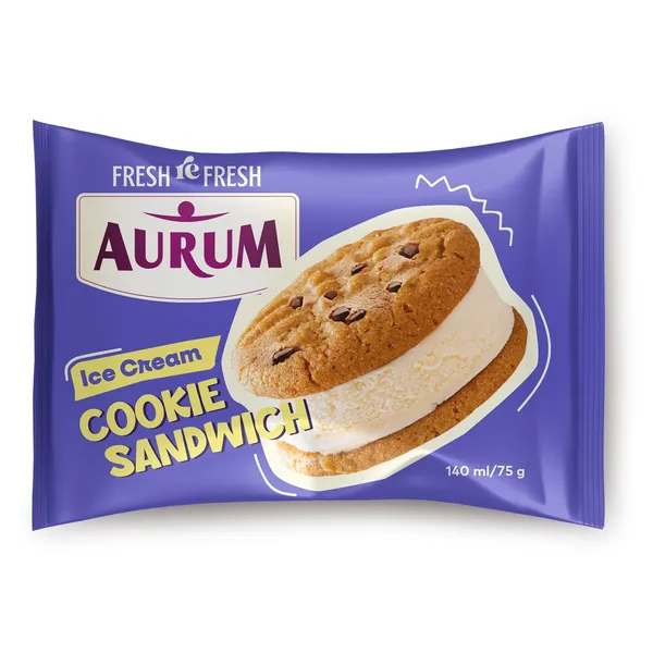 Vaniliniai valgomieji ledai tarp sausainių su šokoladiniais gabaliukais AURUM, 140 ml / 75 g