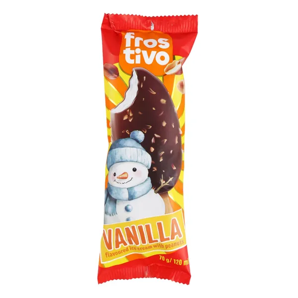 Vanilės skonio valgomieji ledai su kakaviniu glaistu ir žemės riešutais FROSTIVO, 120 ml / 70 g