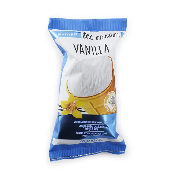 Vanilės skonio valgomieji ledai vafliniame indelyje RIMI, 120 ml /65 g
