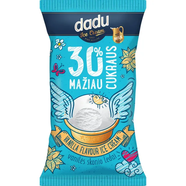Vanilės skonio valgomieji ledai DADU MAŽIAU CUKRAUS, 40 g / 85 ml