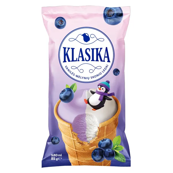 Vaniliniai - mėlyniniai valgomieji grietininiai ledai KLASIKA, 65 g / 120 ml