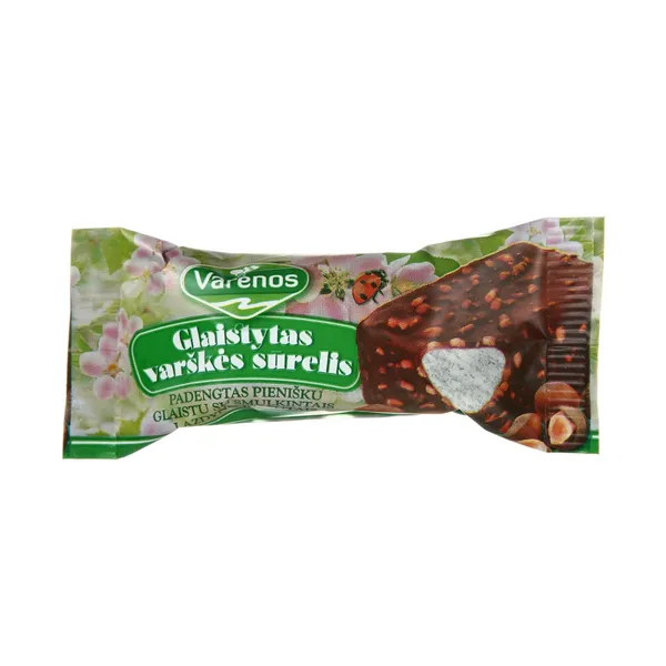 Glaistytas VARĖNOS varškės sūrelis su lazdyno riešutais, 26,5 % rieb., 40 g
